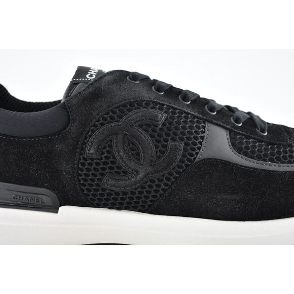 Chanel 22P Mens Black White Suede CC Logo Low Top Lace Up Trainer Sneaker 45 12 - Picture 2 of 12